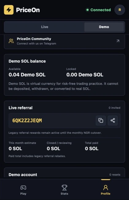 PriceOn Profile: Demo SOL balance and referral panel