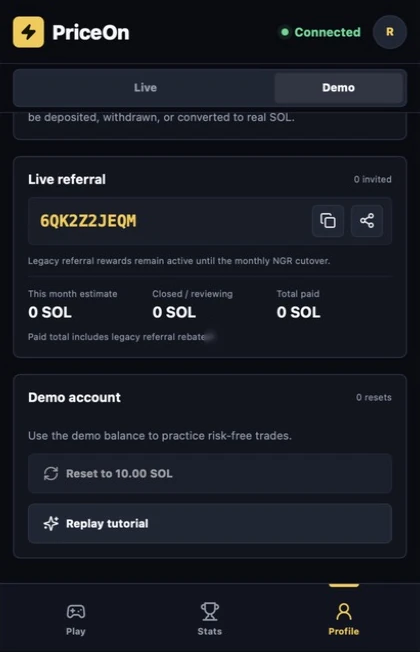 PriceOn Live referral panel with personal code, monthly estimate and total paid