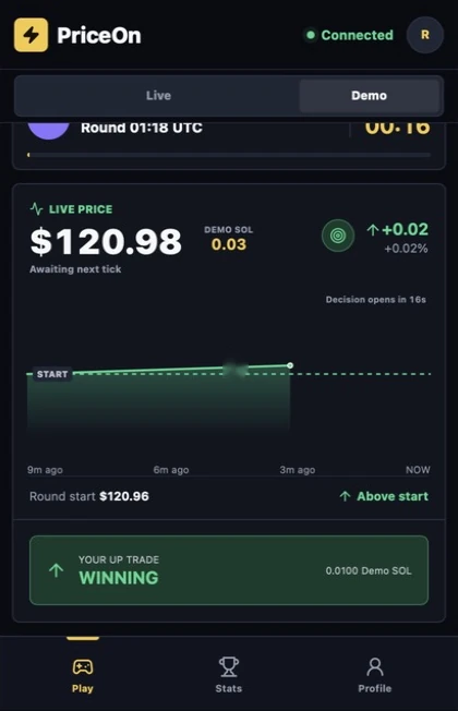 PriceOn round in progress: your UP trade tracked against the round start price