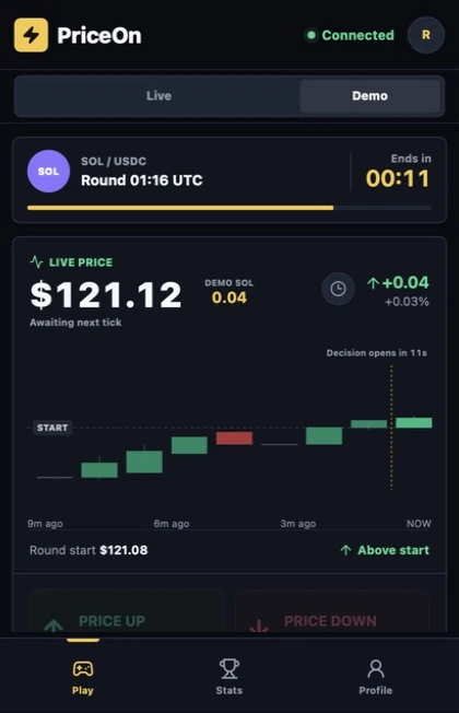 PriceOn round card: SOL/USDC, round time and countdown